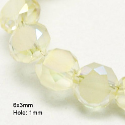 Light Yellow Electroplate Glass Beads, Half Plated, Faceted, Frosted, Flat Round, Light Yellow, 6x3mm, Hole: 1mm