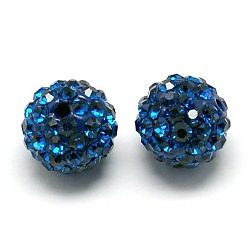 Capri Blue Polymer Clay Rhinestone Beads, Pave Disco Ball Beads, Grade A, Round, Half Drilled, Capri Blue, 8mm, Hole: 1mm