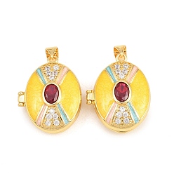 Желтый Подвески латуни медальон, с эмалью, стеклом и кубическим цирконием, без кадмия и без свинца, реальный 18 k позолоченный, стойки покрытие, долговечный, овальные амулеты, желтые, 26.5x21x9 мм, отверстие : 3x5 мм