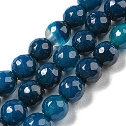 Marine Blue Natural Agate Beads Strands, Dyed & Heated, Round, Faceted, Marine Blue, 6mm, Hole: 1mm, about 62pcs/strand, 14.37~14.76 inch(36.5~37.5cm)