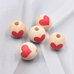 Brique Rouge Perles européennes en bois de la saint valentin, perle avec trou grande, ronde avec le coeur, firebrick, 16mm, Trou: 4mm