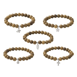 Mixed Shapes Natural Wood Round Beaded Stretch Bracelet with 304 Stainless Steel Charms, Mixed Shapes, Inner Diameter: 2-5/8 inch(6.8cm)