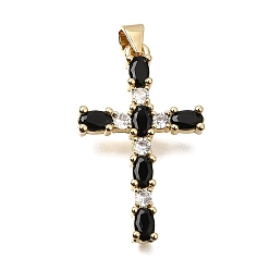 Black Brass Pave Cubic Zirconia Pendants, Cross with Oval Charms, Long-Lasting Plated, Cadmium Free & Lead Free, Real 18K Gold Plated, Black, 32.5x19.5x3.5mm, Hole: 4x3.5mm