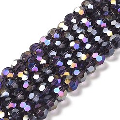 Indigo Transparent Glass Beads, 32 Facets, AB Color Plated, Round, Indigo, 8x7~7.5mm, Hole: 1.5mm, about 66pcs/strand, 18.82''~19.06''(47.8~48.4cm)