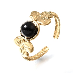 Black Onyx 304 открытые кольца-манжеты из нержавеющей стали для женщин, с натуральным черным ониксом, полукруглый с цветком, ионное покрытие (ip), 9.5 мм, размер США 7 1/4 (17.5 мм)