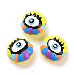 Yellow Enamel Beads, with ABS Plastic Imitation Pearl Inside, Oval with Evil Eye, Yellow, 13.5x13x7.5mm, Hole: 1mm