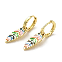 Feather Real 18K Gold Plated Brass Dangle Hoop Earrings, with Colorful Enamel, Feather, 26.5x6.5mm
