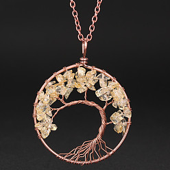Citrine Natural Citrine Chip Tree of Life Pendant Necklaces, Alloy Cable Chain Necklace for Women, 20-7/8 inch(53cm)
