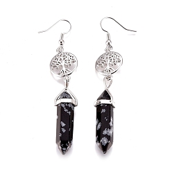 Snowflake Obsidian Pointed Bullet Natural Snowflake Obsidian Dangle Earrings, with Brass Earring Hooks and Flat Round with Tree of Life Links, Platinum, 76mm, Pin: 0.7mm