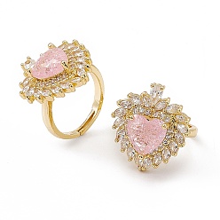 Real 18K Gold Plated Pink Glass Heart Adjustable Ring with Cubic Zirconia, Brass Jewelry for Women, Real 18K Gold Plated, US Size 6 1/2(16.9mm)