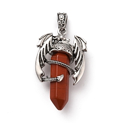 Red Jasper Natural Red Jasper Pointed Pendants, Faceted Bullet Charms, with Rack Plating Platinum Tone Alloy Dragon Findings, Cadmium Free & Lead Free, 39~41x24~25x13~14mm, Hole: 4x8mm