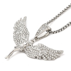 Platinum Angel Shape Rhinestone Pendant Necklace with Zinc Alloy Box Chains, Platinum, 23.58 inch(59.9cm)