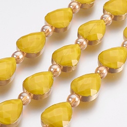 Yellow Opaque Glass Beads Strands, Faceted, with Golden Tone Brass Edge, Teardrop & Round, Yellow, 18x12.5~13x7~7.5mm, Hole: 1mm, about 10pcs/strand, 9 inch(23cm)
