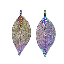 Multi-color Plated Iron Big Pendants, Electroplate Natural Leaf, Leaf, Multi-color Plated, 52~53x19~20x1.5mm, Hole: 3x5.5mm