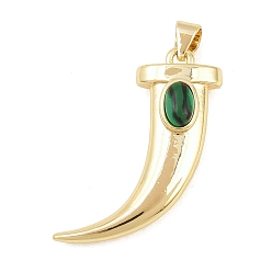 Малахит Синтетического малахита подвески, латунные подвески в форме волчьих зубов, реальный 18 k позолоченный, долговечный, стойки покрытие, без свинца и без кадмия, 29.5x24x8 мм, отверстие : 4x3.5 мм