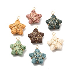 Lava Rock Natural Lava Rock Pendants, with Real 18K Gold Plated Eco-Friendly Copper Wire, Star, 30.5~32.5x26~27x9~11mm, Hole: 4mm