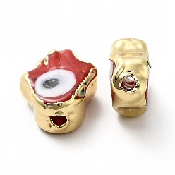 Brique Rouge Main mal de perles au chalumeau des yeux, avec bord en laiton plaqué or, plaqué longue durée, Hamsa main, firebrick, 15~17x11.5~12.5x5~5.5mm, Trou: 1.8mm