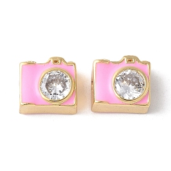 Ярко-Розовый Латунные бусины из прозрачного кубического циркония, камера, с эмалью, долговечный, реальный 18 k позолоченный, ярко-розовый, 9x10x6 мм, отверстие : 2 мм