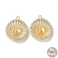 Real 18K Gold Plated Rhodium Plated 925 Sterling Silver Peg Bail Pendants, with Cubic Zirconia & S925 Stamp, Hollow Flat Round Charm, for Half Drilled Beads, Real 18K Gold Plated, 15x13x4mm, Hole: 1mm, Pin: 0.7mm