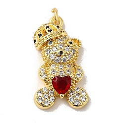 FireBrick Rack Plating Brass Micro Pave Cubic Zirconia Pendants, Cadmium Free & Lead Free, Long-Lasting Plated, Real 18K Gold Plated, Bear, FireBrick, 25.5x14x6mm, Hole: 2.8mm
