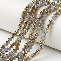 Gray Electroplate Glass Beads Strands, Imitation Jade, Half Golden Plated, Faceted, Rondelle, Gray, 2x1.5mm, Hole: 0.4mm, about 195pcs/strand, 11 inch(27.5cm)