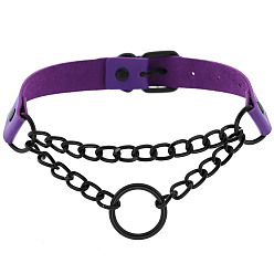 (black circle) purple Dark Punk Leather Collar Necklace with Round Rings and Chain for Street Style