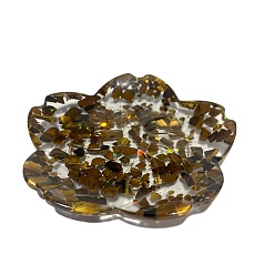 Tiger Eye Resin Flower Plate Display Decoration, with Natural Tiger Eye Chips inside Statues for Home Office Decorations, 100x100x15mm