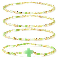 Желто-Зеленый 4шт. винтажные цилиндрические браслеты из бисера и латунных бусин, с пластиковым крестом, золотые, желто-зеленый