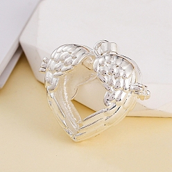 Silver Brass Bead Cage Pendants, Heart Wing Hollow Charms, Silver, 27x27mm