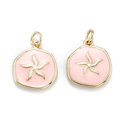 Real 18K Gold Plated Brass Enamel Pendants, with Jump Rings, Long-Lasting Plated, Flat Round, Pink, Real 18K Gold Plated, 16.5x14.5x2.5mm, Hole: 3.5mm