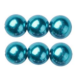 Steel Blue Eco-Friendly Dyed Glass Pearl Round Beads Strands, Grade A, Cotton Cord Threaded, Steel Blue, 14mm, Hole: 0.7~1.1mm, about 30pcs/strand, 15 inch