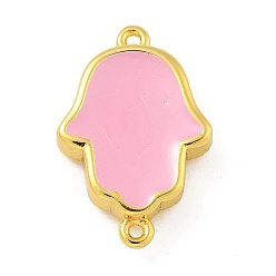 Бледно-Розовый Стойка покрытие латунь эмаль религия хамса рука соединительные подвески, долговечный, без кадмия и без свинца, реальный 18 k позолоченный, розовый жемчуг, 19x13x4 мм, отверстие : 1 мм