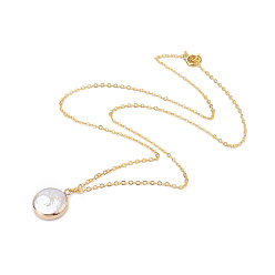 White Plated Natural Baroque Pearl Keshi Pearl Beads Necklaces, with Brass Chain, Flat Round, Golden, White, 18.1 inch(46cm)
