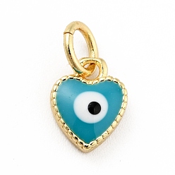 Dark Cyan Rack Plating Brass Enamel Charms, with Jump Rings, Cadmium Free & Lead Free, Real 18K Gold Plated, Heart with Evil Eye, Dark Cyan, 9x7x2.6mm, Hole: 3mm