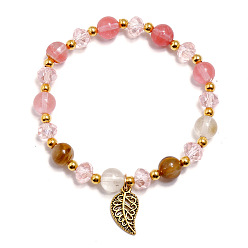 Pink Crystal Glass Stretch Bracelet, Jewely for Women, Leaf, Pink, Inner Diameter: 2 inch(5cm)