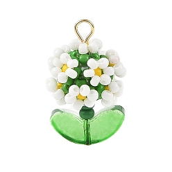 White Glass Seed Beaded Pendants, Flower Charm, with 304 Stainless Steel Flat Head Pins & Glass, White, 24.5x14x14mm, Hole: 2mm