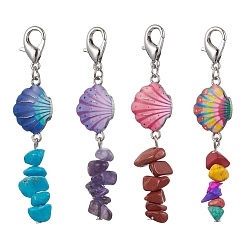 Mixed Color 4Pcs Shell Shape Alloy Enamel Pendant Decorations, Natural & Synthetic Mixed Stone Chips and Alloy Lobster Claw Clasps Charm, Mixed Color, 68~69mm