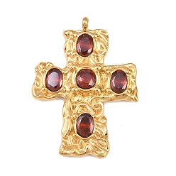 Красный 304 микро нержавеющей стали прокладывать Цирконом подвески, крест прелести, золотые, вакуумное покрытие pvd, красные, 43.5x32.5x4 мм, отверстие : 2.8 мм