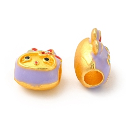 Lilac Rack Plating Alloy Enamel European Beads, Large Hole Bead, Rabbit with Bowknot, Matte Gold Color, Lilac, 12.5x9.5x8mm, Hole: 4mm