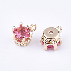 Deep Pink Transparent Glass Charms, with Brass Findings, Faceted, Crown, Light Gold, Deep Pink, 8.5x6x5mm, Hole: 1mm