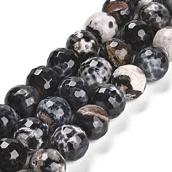 Black Natural Fire Crackle Agate Beads Strands, Dyed & Heated, Round, Faceted, Black, 13.5~14mm, Hole: 1.4mm, about 28~29pcs/strand, 15.16 inch(38.5cm)