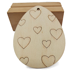 Heart Unfinished Wooden Easter Egg Cutout Pendant Ornaments, with Hemp Rope, for DIY Painting Ornament Easter Home Decoration, Navajo White, Heart Pattern, 7cm, 10pcs/bag