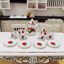 Strawberry Mini Ceramic Tea Sets, including Teacup, Saucer, Teapot, Cream Pitcher, Sugar Bowl, Miniature Ornaments, Micro Landscape Garden Dollhouse Accessories, Pretending Prop Decorations, Strawberry Pattern, 15pcs/set