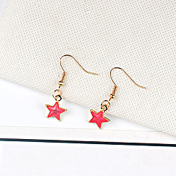 Deep Pink Enamel Star Dangle Earrings, Light Gold Plated Alloy Jewelry for Women, Deep Pink, 26mm