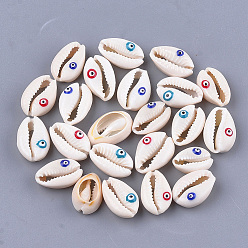 Mixed Color Cowrie Shell Beads, Undrilled/No Hole Beads, with Enamel, Cowrie Shell Shape with Evil Eye, Mixed Color, 18~21x12~15x7~8mm