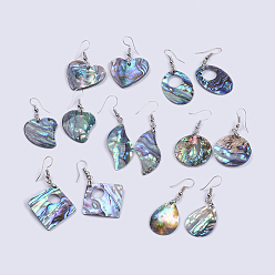 Platinum Abalone Shell/Paua Shell Dangle Earrings, with Brass Findings, Mixed Shapes, Platinum, 44~61mm, Pin: 0.7mm