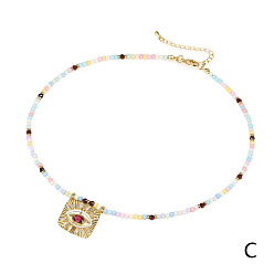NE1655-Magenta Diamond Fashion Glass Rice Bead Necklace with Devil Eye Pendant - Short, Unique, Diamond Inlay
