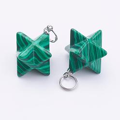Malachite Synthetic Malachite Pendants, with 201 Stainless Steel Split Rings, Stainless Steel Color, Merkaba Star, 22~23x16.5~17x19mm, Hole: 6mm
