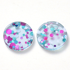 Colorful Cellulose Acetate(Resin) Pendants, with Pailette/Sequins, Flat Round, Colorful, 15~16x2~3mm, Hole: 1.4mm