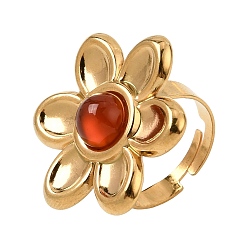 Carnelian 304 Stainless Steel Cuff Open Rings for Women, Flower, Natural Carnelian, Ion Plating(IP), Golden, US Size 7(17.3mm)